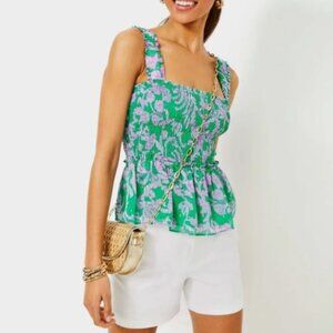 NWT $128 Lilly Pulitzer Hadly Smocked Top Brazilian Green Salty Sandbar Small